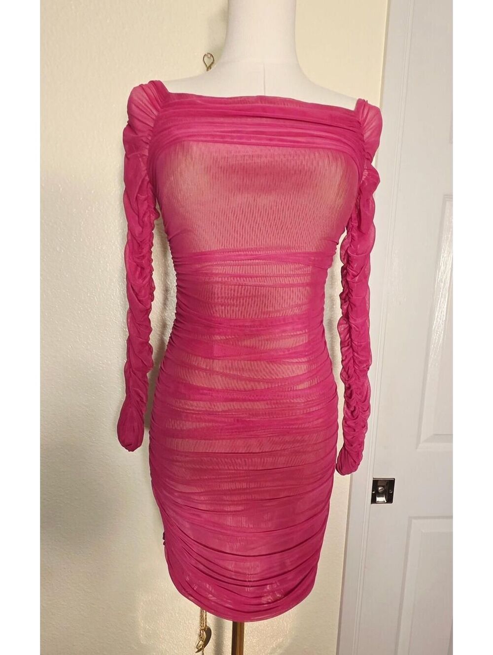 Bebe Y2K pink off shoulder rushed long sleeve mesh bodycon dress XS